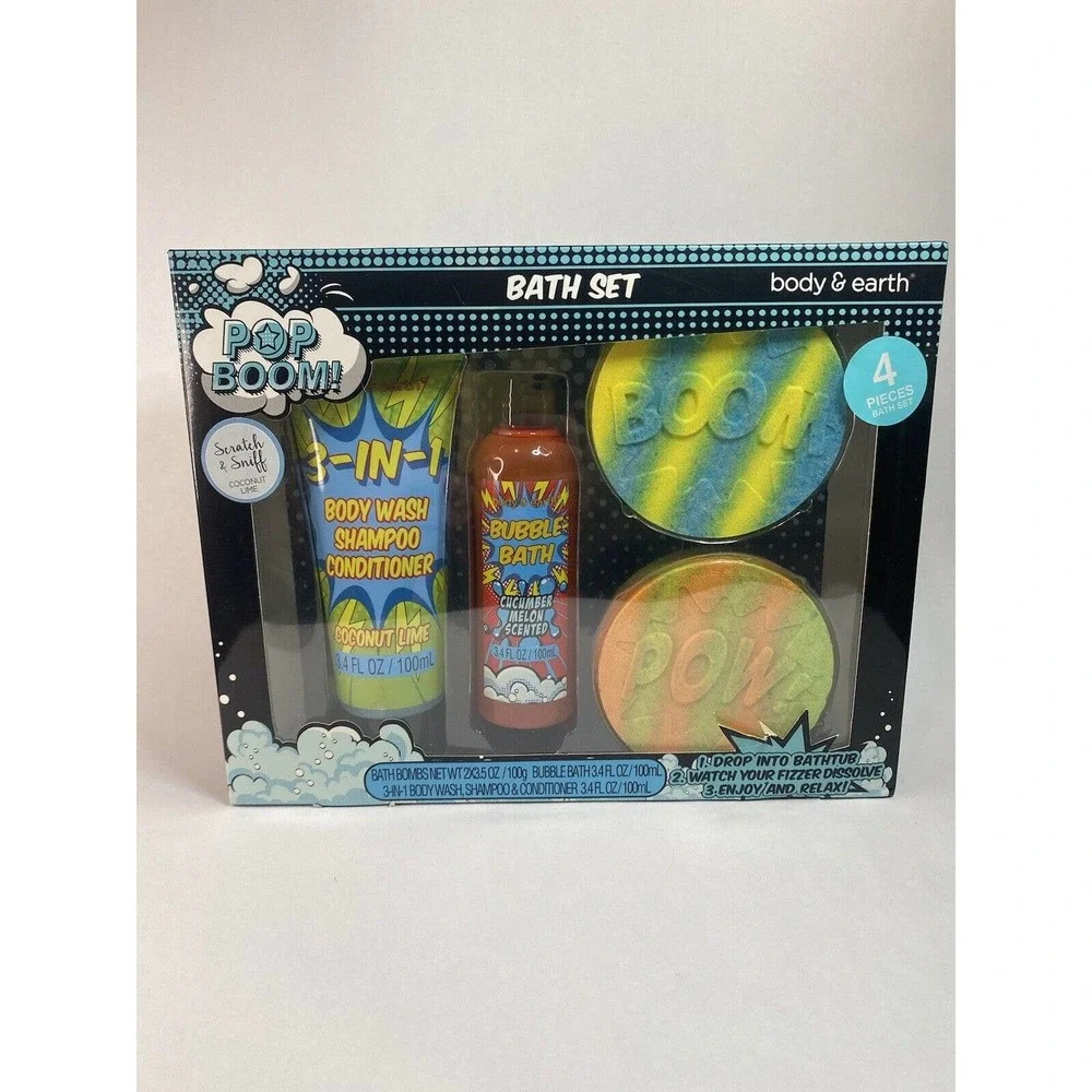 POP BOOM Body & Earth 4-Piece Bath Set 3-in-1 Body Wash Bubble Bath Bath Bombs